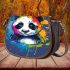Cute panda in the style of rainbow paint splash saddle bag