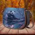 Cute panda sitting on a stone saddle bag