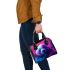 Cute panda with colorful smoke in front of a pink shoulder handbag