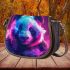 Cute panda with colorful smoke in front of a pink saddle bag