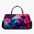 Cute panda with colorful smoke in front of a pink 3d travel bag