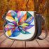 Drawing of an abstract flower design with colorful lines and shapes saddle bag