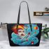 Dreamy surrealism woman on a colorful cloud leather tote bag