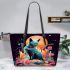 Dreamy urban cat fantasy leather tote bag