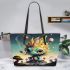 Enchanted dino oasis leather tote bag