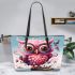 Enchanted pond with pink owl leather tote bag