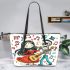 Mona Lisa dances with the skeleton with guitar trumpet Leather Tote Bag