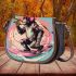 Monkey wearing sunglasses surfing with trumpet saddle bag