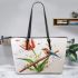 Music notes and bamboo flute and tulip and bird Leather Tote Bag