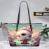 Owl in dreamy river scene leather tote bag