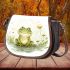 Smiling frog sitting on a pond saddle bag