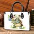 Smiling happy cute baby turtle holding flowers small handbag