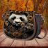 Steampunk panda with top hat and monocle holding golden gears saddle bag