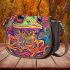 Vibrant and psychedelic illustration of an adorable frog saddle bag