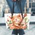 a cartoon cat with music note and the roses with green leaf 2 Leather Tote Bag