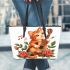 a cartoon cat with music note and the roses with green leaf 4 Leather Tote Bag
