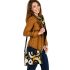 Abstract composition of circles and lines in gold shoulder handbag