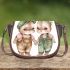 Adorable happy baby bunny couple in green saddle bag