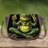 Adorable smiling green frog sitting saddle bag