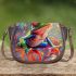 An abstract digital art piece featuring vibrant colors and shapes saddle bag