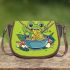 An adorable green frog eating ramen noodles saddle bag