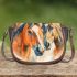 An impressionist painting of three horses saddle bag