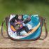 Baby chimpanzee surfing with guitar and musical notes saddle bag