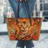 Bengal Cat with Cultural Symbols Leather Tote Bag