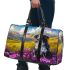 Black and white border collie sits in the foreground of an oil painting 3d travel bag