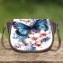 Blue butterfly with white flowers around saddle bag