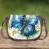 Blue butterfly with white flowers around saddle bag