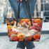 Cat amidst blooms leather tote bag