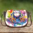 Colorful cute cartoon tree frog sits on a water puddle saddle bag