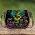 Colorful green frog playing banjo under mushroom saddle bag