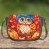 Colorful illustration of an owl wearing blue hat sitting saddle bag