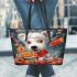 Curious canine fruit feast leather tote bag