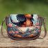 Curious canine in a floral oasis saddle bag