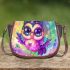 Cute baby owl with big eyes wearing pink and purple dress saddle bag