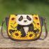 Cute baby panda with sunflowers on a yellow saddle bag