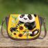 Cute baby panda with sunflowers on a yellow saddle bag
