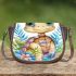 Cute baby turtle with big eyes wearing colorful flowers saddle bag