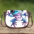 Cute blue and pink colored alien frog with big eyes saddle bag