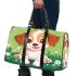 Cute brown and white puppy is sitting on the grass 3d travel bag