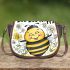 Cute cartoon drawing of a smiling bee doing 3d saddle bag