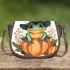 Cute cartoon frog wearing a witch's hat sitting on a pumpkin saddle bag