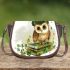 Cute cartoon owl wearing a green beret sitting on books saddle bag