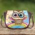 Cute cartoon owl with big eyes wearing a colorful saddle bag