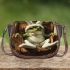 Cute green frog sitting in an armchair wearing white bunny slippers saddle bag