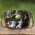 Cute green frog sitting in an armchair wearing white bunny slippers saddle bag