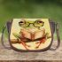 Cute green tree frog wearing glasses holding an open book saddle bag